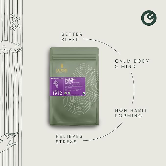 Luxmi Estates - Valerian Dream - Organic Valerian Root Tea for Sleep - 50 Tea Bags | with Valerian Root, Chamomile & Lavender | Perfect Wellness Sleep Tea