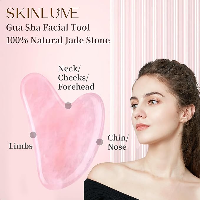 Jade Roller Gua Sha Facial Tool - for Face Neck Eye Jawline, Reduce Puffiness and Tension, Gift Set for Men Woman 100% Natural Jade Stone (Pink)