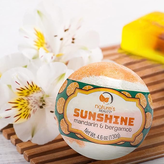 Nature's Beauty Sunshine Mandarin & Bergamot Bath Bomb Multi-Pack - Natural Hand Crafted, Non-Staining, Luxury Fizzy Spa Bomb, Nourishe Dry Skin, Made w/Coconut Oil + VIT. E, 4.6oz (4 Pack)