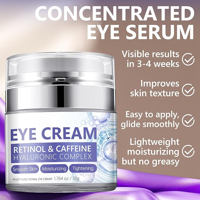 Caffeine Eye Cream for Dark Circles and Puffiness, Retinol Eye Cream for Anti-Aging & Wrinkles, Firming & Repair Under Eye Moisturizer for Hydrating Reduce Fine Lines Smoothing Skin Care 1.76 FL OZ