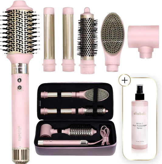 ELLA BELLA® 6-in-1 Hot Air Styler Pink & Heat Protectant Spray • Powerful Hair Dryer Set for Fast Curling, Volumizing, Straightening • Includes Travel Case • UV Shield & Nourishing Hair Care