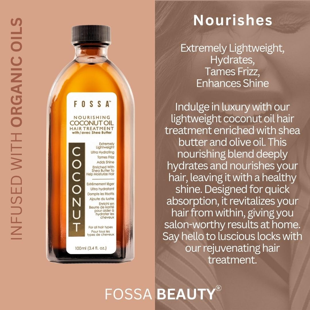 Fossa Nourishing Coconut Oil Hair Treatment with Shea Butter | Lightweight, Paraben Free, Prevents Split Ends, Reduces Breakage, Adds Shine & Frizz Control for All Hair Types | 100ml, 3.4 fl. oz.
