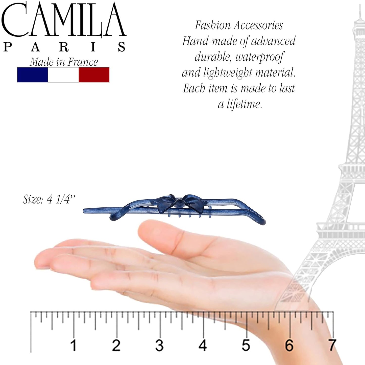 Camila Paris CP3194 French Hair Barrette Pin Clips for Girls, Flower, Blue, No Metal Parts, Strong Hold Grip Hair Clips for Women, No Slip and Durable Styling Girls Hair Accessories, Made in France