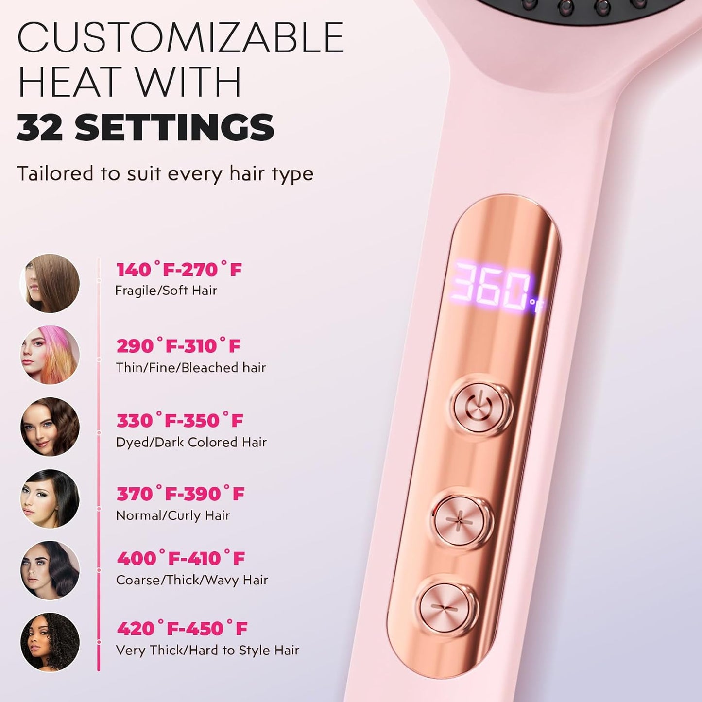 LANVIER Hair Straightener Brush, Ionic Straightening Brush with Infrared, Heated Straightening Comb with Negative Ions, Dense Bristles, 32 Temps, Dual Voltage, Flat Iron Comb for All Hair Type