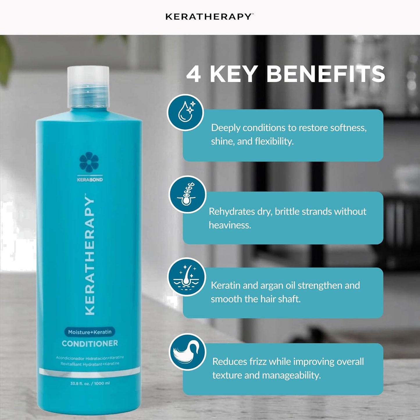 Keratherapy Keratin Infused Moisture Conditioner, 33.8 fl. oz., 1000 ml - Hydrating & Moisturizing Conditioner for Dry Hair with Collagen, Jojoba Oil, & Kerabond Technology