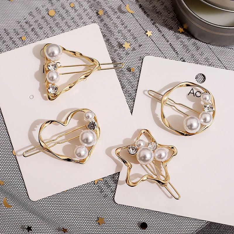 AKOAK 4 Pcs/set Heart-shaped Round Metal Hair Clip Pentagram Geometric Pearl Hair Clip Bangs Clip Ponytail Hair Accessories for Ladies and Girls