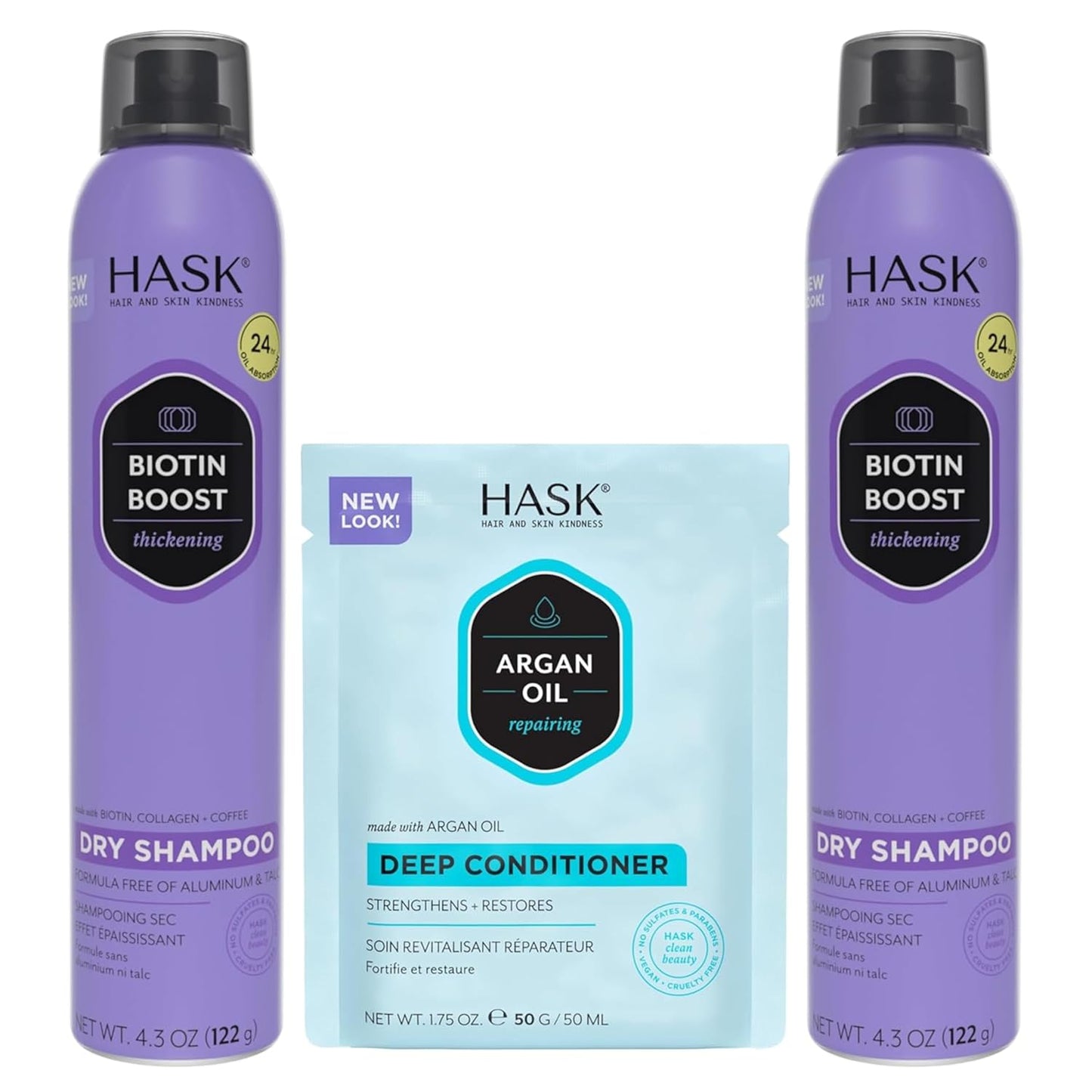 HASK Biotin Boost Thickening Dry Shampoo Duo (4.3oz-Qty 2) & Argan Oil Repairing Deep Conditioner Packette, Aluminum-Free, Sulfate-Free, Paraben-Free, Color Safe, for All Hair Types