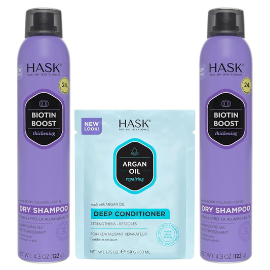 HASK Biotin Boost Thickening Dry Shampoo Duo (4.3oz-Qty 2) & Argan Oil Repairing Deep Conditioner Packette, Aluminum-Free, Sulfate-Free, Paraben-Free, Color Safe, for All Hair Types