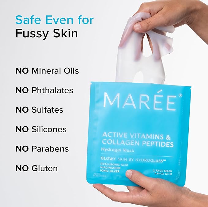MAREE Hydrogel Collagen Face Mask with Hyaluronic Acid - Hydrating Face Masks Skincare with Niacinamid & Ionic Silver - Mascarillas Faciales For Women Skin Care - 4 Count