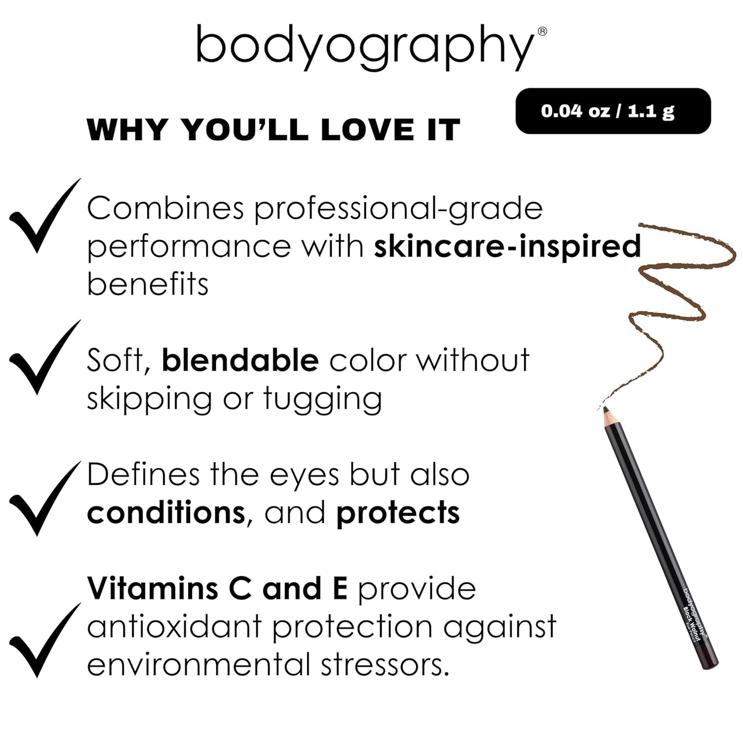 Bodyography Cream Eye Pencil, Black - Black Wooden Eyeliner for Eyes & Eyebrows, Long-Lasting Cruelty-Free Coconut Oil Cosmetic Liner