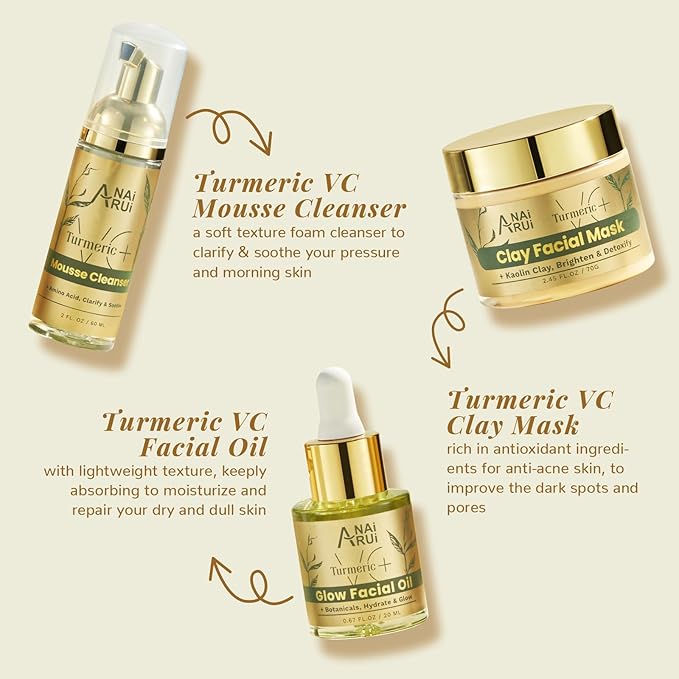 ANAI RUI Turmeric Facial Skincare Set, Mother's Day Gift for Women, Turmeric & Vitamin C Clay Mask for Dark Spot, Moisturizing Facial Oil, Turmeric Face Cleanser, Skincare Gift Set for Women