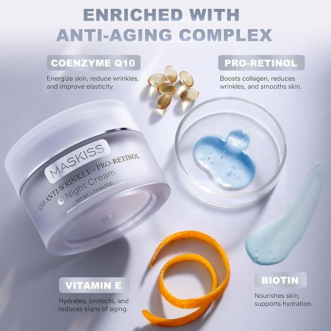 24K Gold Under Eye Patches (25 Pairs) & Q10 Anti-Wrinkle Night Cream, Pro-Retinol Face Moisturizer for Firming, Hydrating & Anti-Aging Skincare