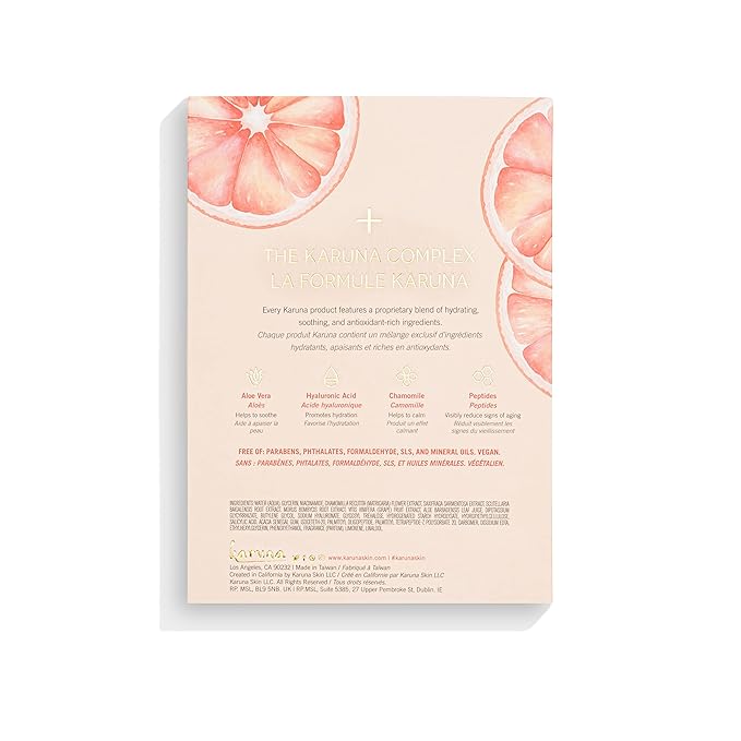 Karuna Skin - Brightening+ Sheet Masks for Radiant Skin, Hydrating Face Mask Skin Care Essential, Face Mask with Grapefruit Seed & Rare Asian Plant Extracts Plus Salicylic Acid, 4 Sheets per Pack