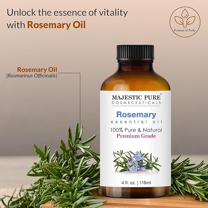 Majestic Pure Rosemary Essential Oil with Glass Dropper | 100% Pure and Natural Rosemary Oil | Premium Grade Essential Oils for Diffusers, Skin, Aromatherapy, Massage | 4 Fl Oz