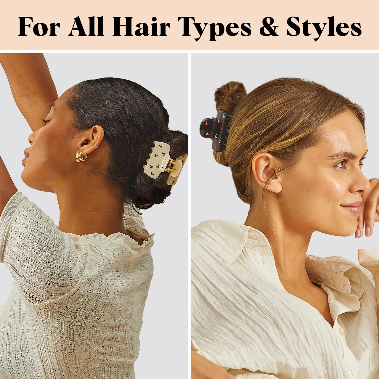 Kitsch & Mickey/Minnie Hair Claw with Rhinestones, Cute and Elegant Claw Clips for Girls, Great for All Hair Types, Recycled Plastic | Ideal Gifts for Women - 1pc (Cream)