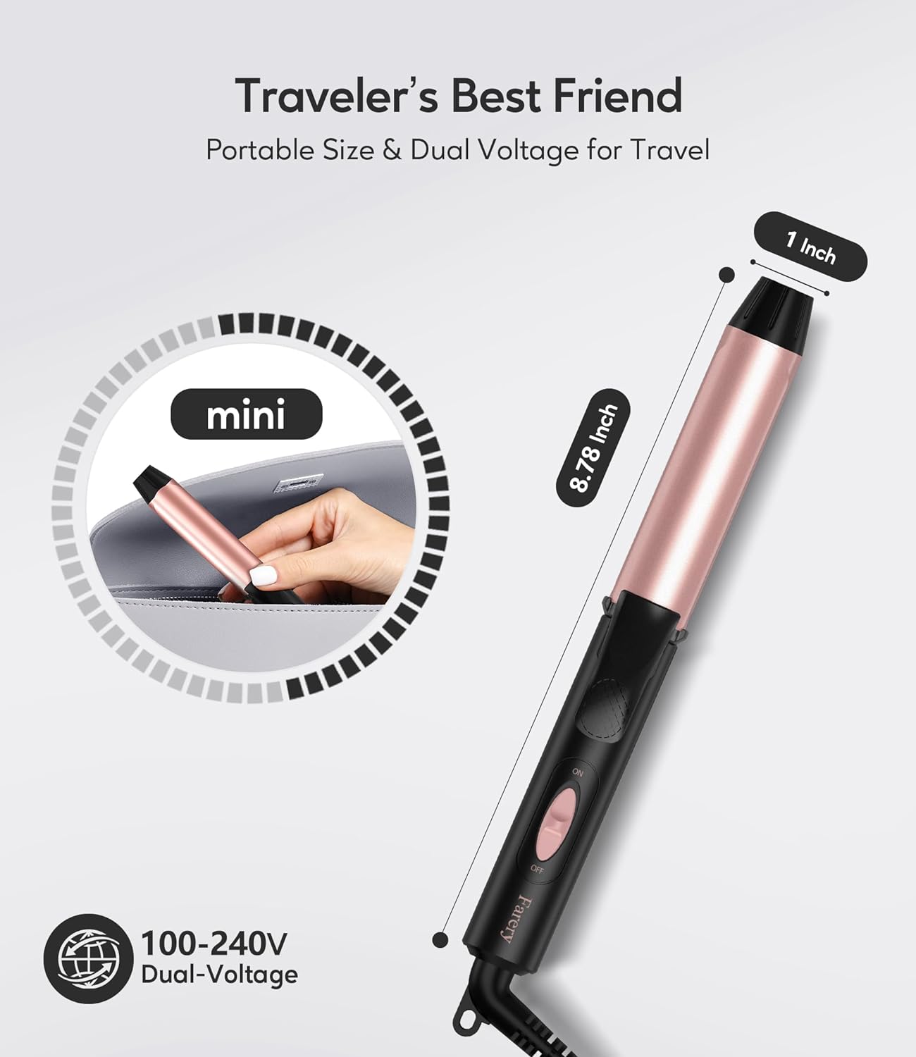 1 Inch Dual Voltage Ceramic Curling Iron with Keratin & Argan Oil, Mini Hair Curler, Travel Size with Storage Bag