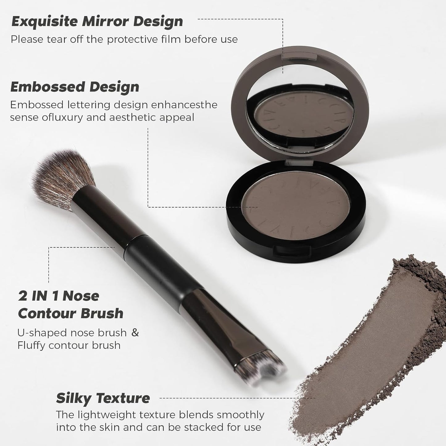 Cool Toned Contour Palette with 2 IN 1 Nose Contouring Brush & Mirror, 【Delicate Texture】【Multi-Purposes & Buildable】【Long Lasting】, Grey Contour Powder Suitable for Cool Toned Fair Skin