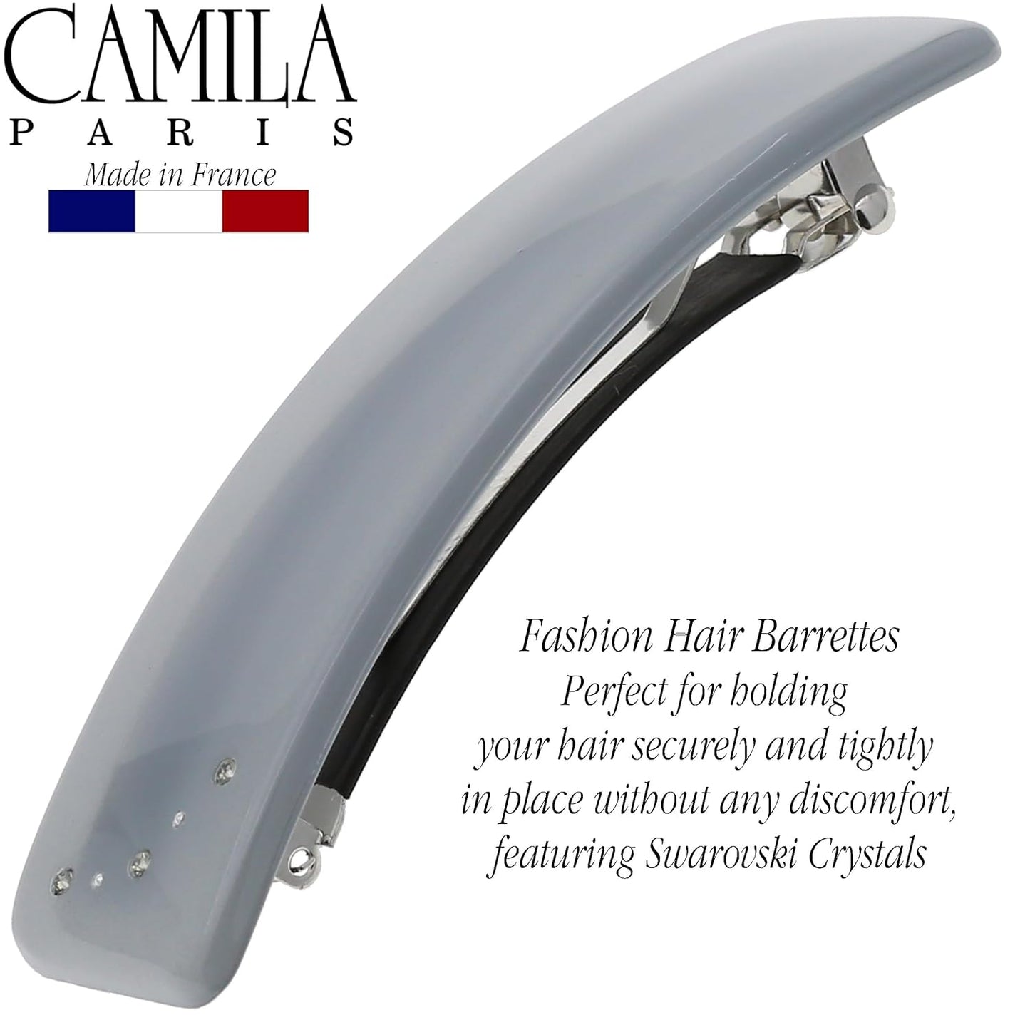 Camila Paris CP3445 French Hair Barrette Clip for Girls, Gray, Rubberized Automatic Clasp Strong Hold Grip Hair Clips for Women, No Slip and Durable Styling Girls Hair Accessories, Made in France