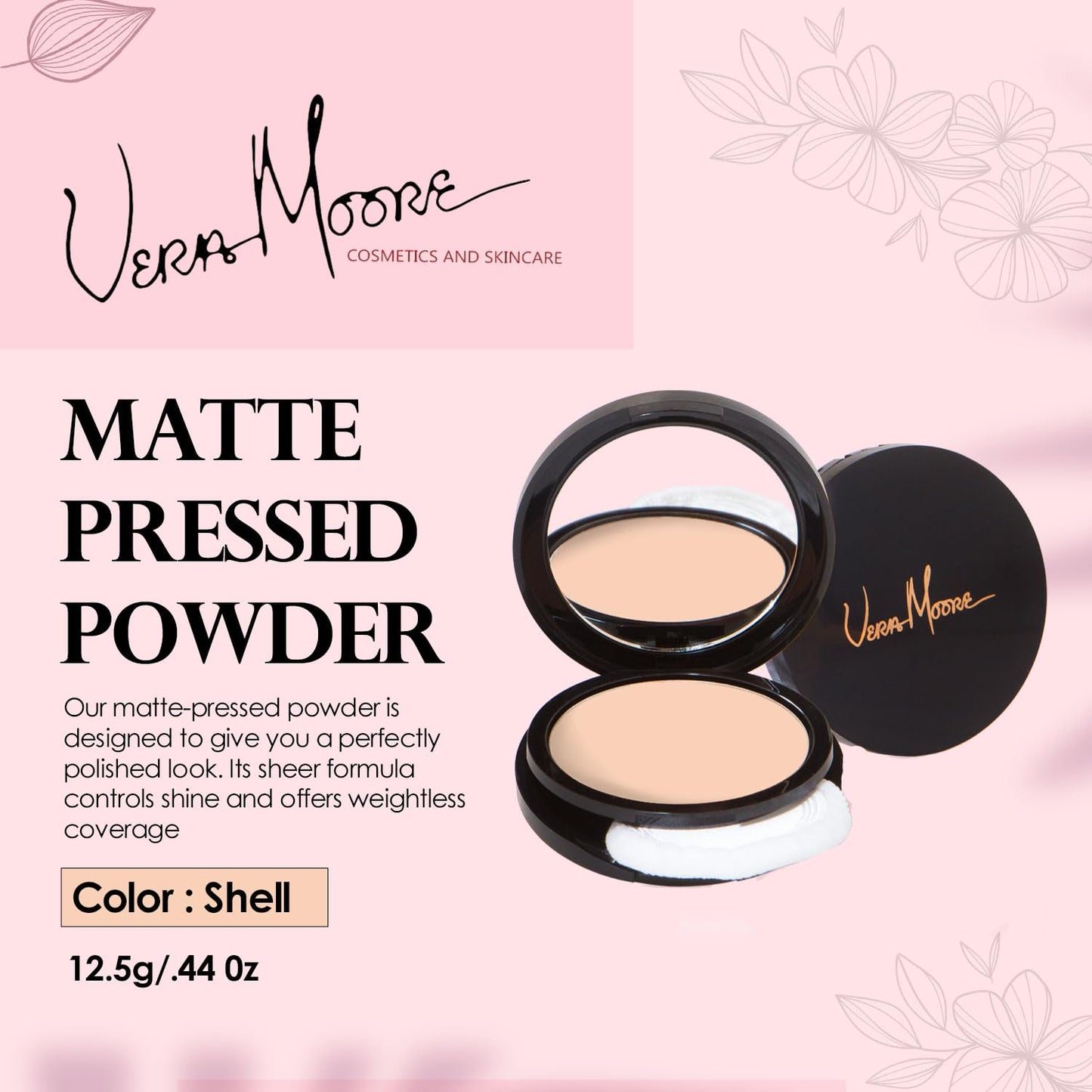 Vera Moore Matte Pressed Powder, Makeup Setting Compact Powder, Face Powder for Full Coverage with Flawless Finish, Shine, Matte Finish for All Skin Types (Shell, 12.5g)