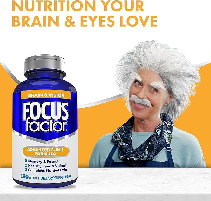 Focus Factor Adults Brain and Vision Supplement, 120 Count- Eye Vitamin, Mineral Supplement, Complete Multivitamin with Lutein & Zeaxanthin – Brain Supplement for Focus, Concentration, Memory (3 Pk)