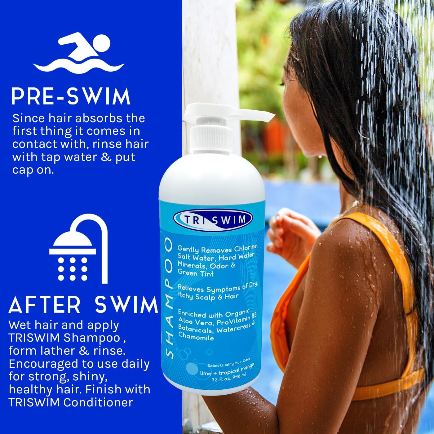 TRISWIM Swim Shampoo and Body Wash Bundle 32oz Bottles with Pump | Removes Chlorine, Saltwater, Hard Water, Bromine & Odors | Hydrates Hair & Skin - with Aloe Vera, Pro-Vitamin B5