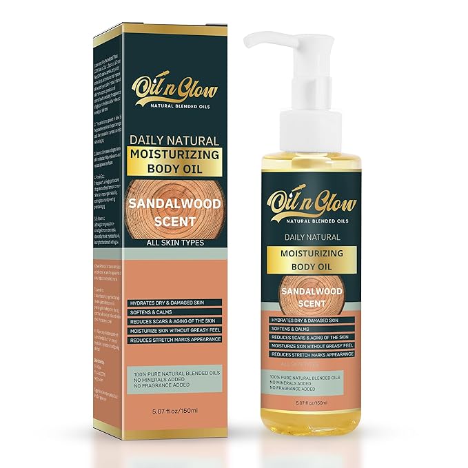 100% Pure Natural Hydrating Body Oil After Shower with Vitamin E, Coconut, Jojoba, Olive, Almond - Moisturizing Oil For Dry Skin, Non-Greasy Body Oils - Sandalwood Scent, 5.07 fl oz