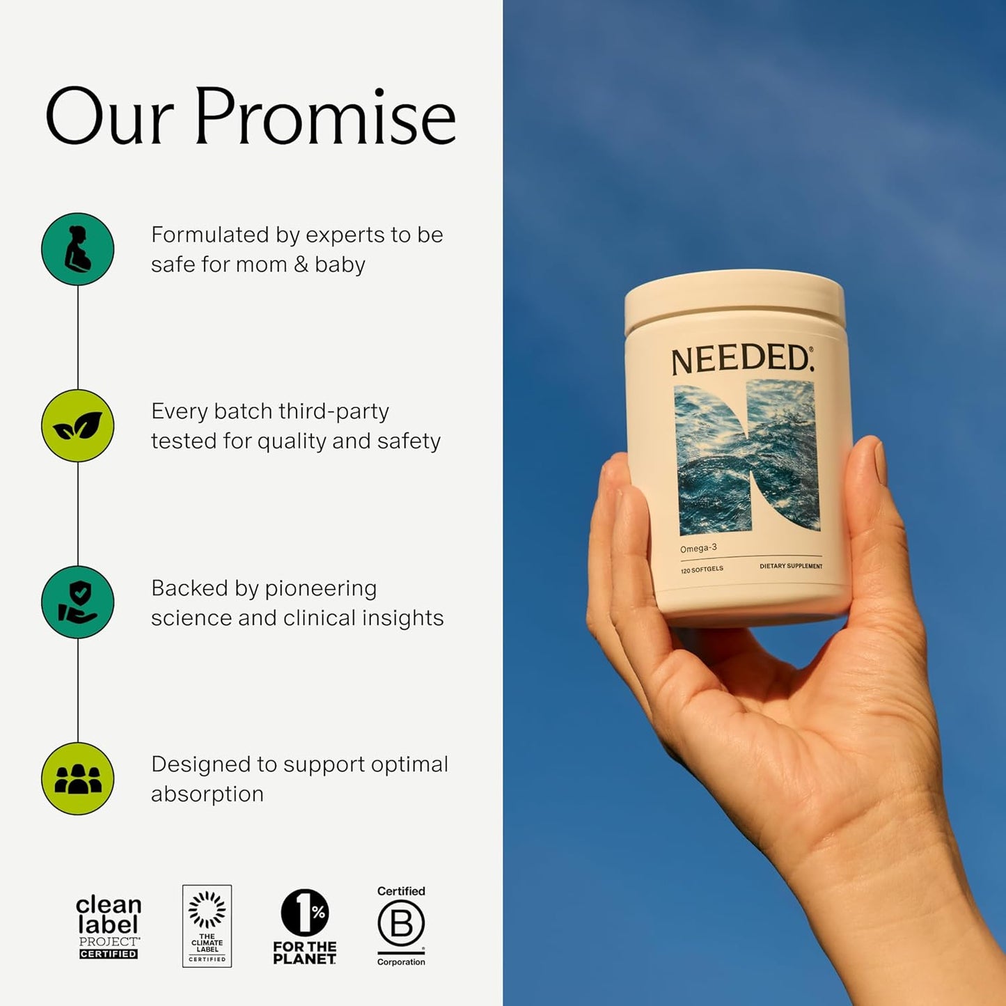 Needed. Prenatal Omega-3 - High Potency Dose of Sustainably Sourced Fish Oil, 1000mg DHA, 1000mg EPA, Encased in a Gelatin-Free, Plant-Based Softgel Shell