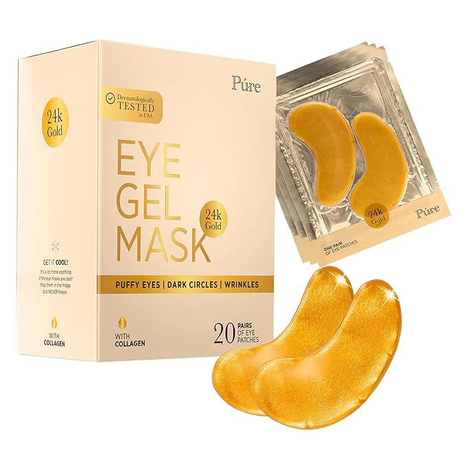 24k Gold Under Eye Mask, Reduce Puffy Eyes, Wrinkles And Undereye Bags (20 Pairs) Dark Circles Under Eye Treatment, Eye Cooling Mask, Gel Under Eye Patches With Vitamin E And Collagen.