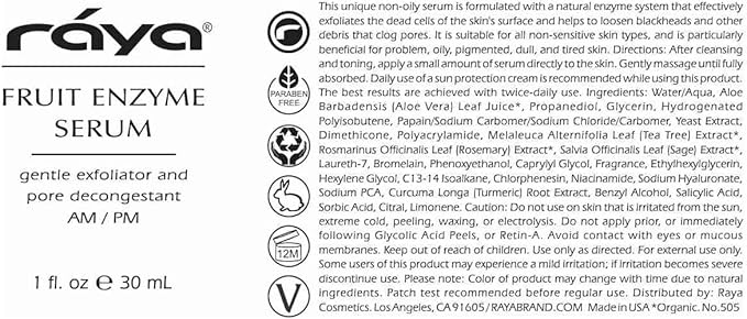 RAYA Fruit Enzyme Serum (505) | Non-Oily, Exfoliating Facial Treatment for Oily, Problem, and Dull Skin | Reduces Black-Heads and Clears Pores