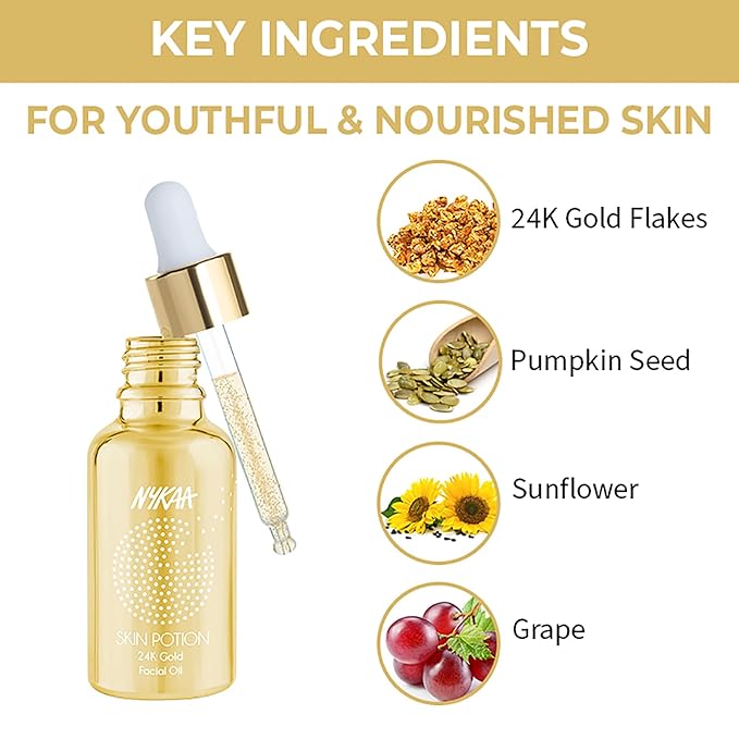 Nykaa Naturals Skin Potion Facial Oil, 24K Gold, 1.01 oz - Boosts Collagen - Hydrating Face Oil for Dry Skin - Fragrance-Free - All Skin Types