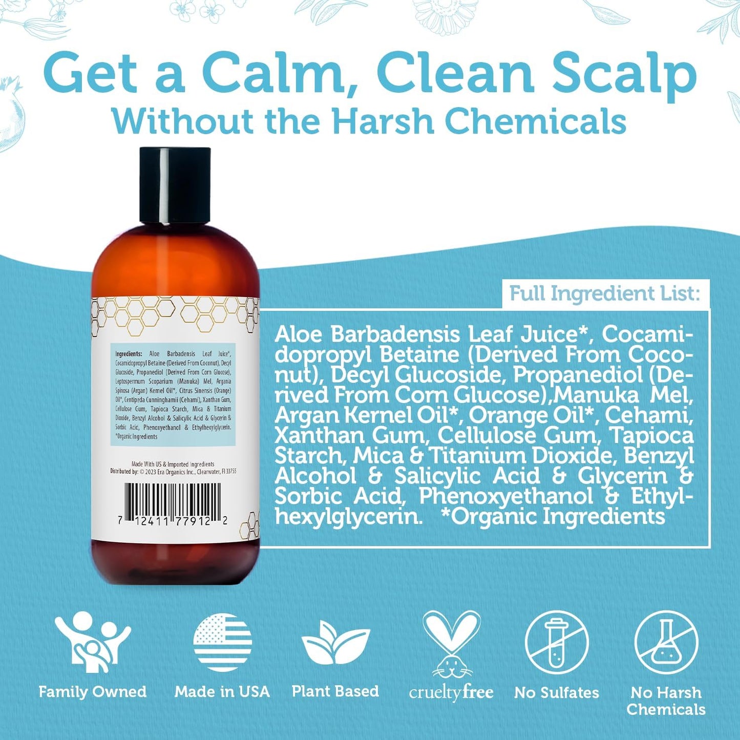 Era Organics Manuka Honey Dry Scalp Shampoo - Sulfate Free, Soothing and Moisturizing for Damaged Hair - Family Friendly for Women or Men