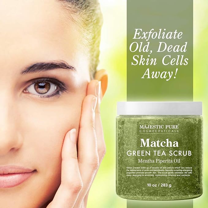 Majestic Pure Matcha Green Tea Body Scrub for All Natural Skin Care - Exfoliating Multi Purpose Body and Facial Scrub Moisturizes and Nourishes Face and Skin - 10 oz - Great Gift for Her
