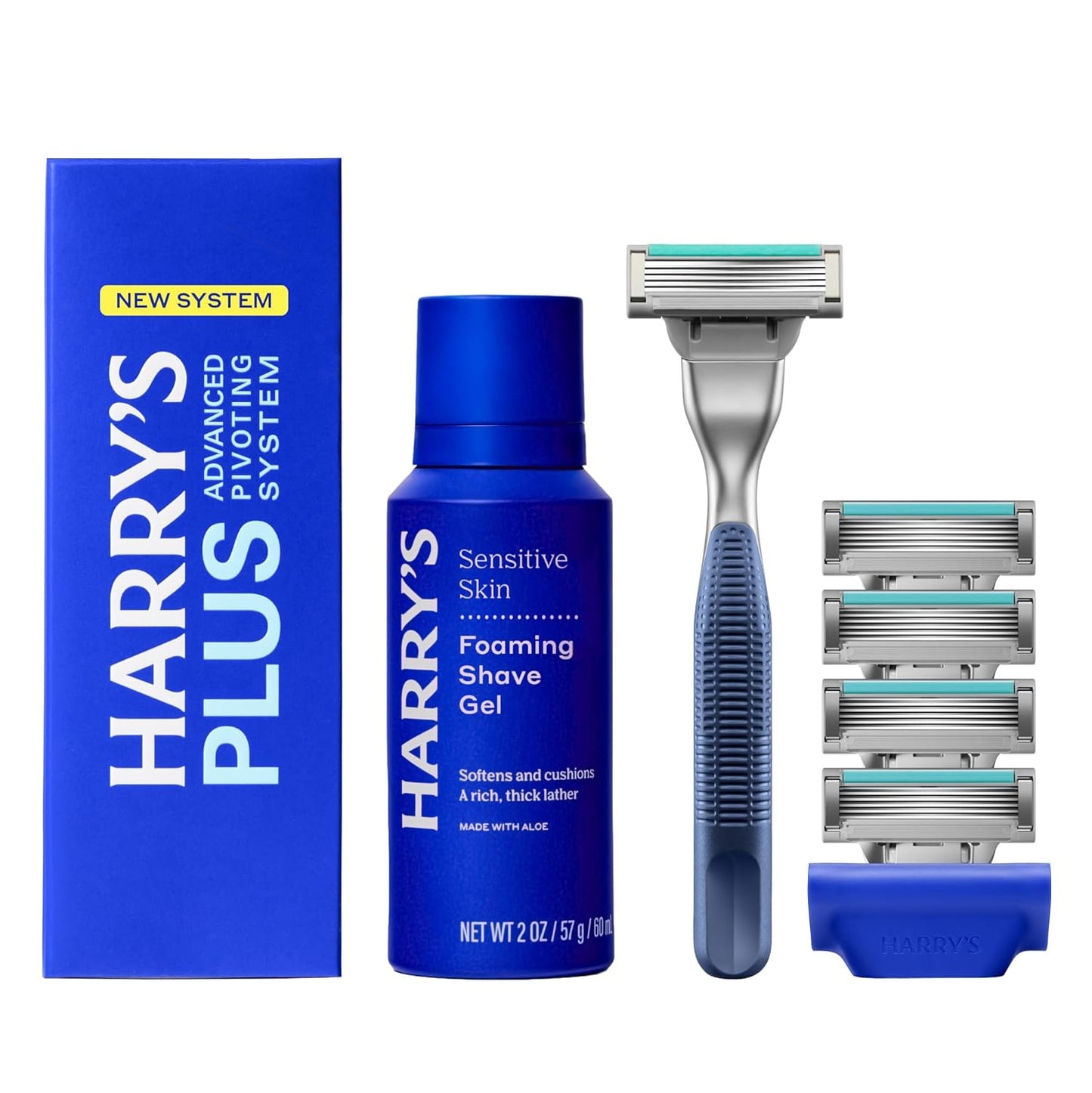 HARRY'S PLUS: Shaving Kit for Men - Premium Handle, 5 Razor Blade Cartridges, Foaming Shave Gel, and Travel Blade Cover - Advanced Pivoting System - Tide