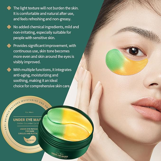 Under Eye Masks，Golden Cucumber Eye Mask 60 Tablets Set，Eye Mask for Fine Lines, Wrinkles, Dark Circles and Eye Puffiness，Suitable for Both Men and Women，5.64 OZ