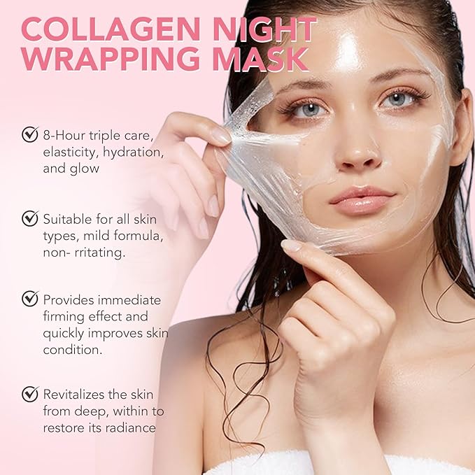 Collagen Night Wrapping Mask, 2 Packs Peel Off Face Mask with Jelly Brush, Jelly Masks for Facials Professional Korean Skin Care, Elasticity & Hydration Care Overnight Collagen Mask for Women