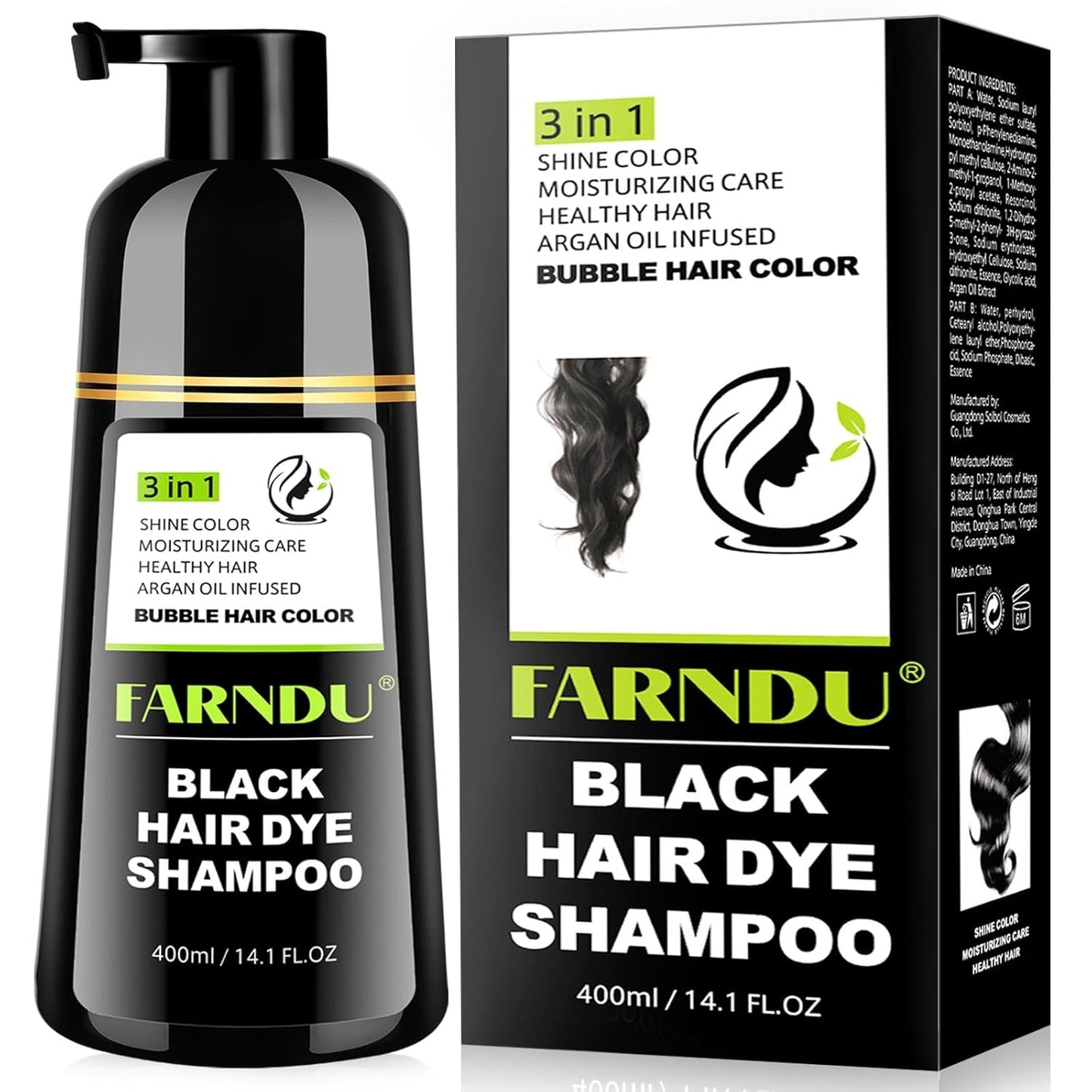 Black Hair Dye Shampoo- Gray Coverage, Herbal Natural 3 in 1 Hair Color Shampoo for Men & Women