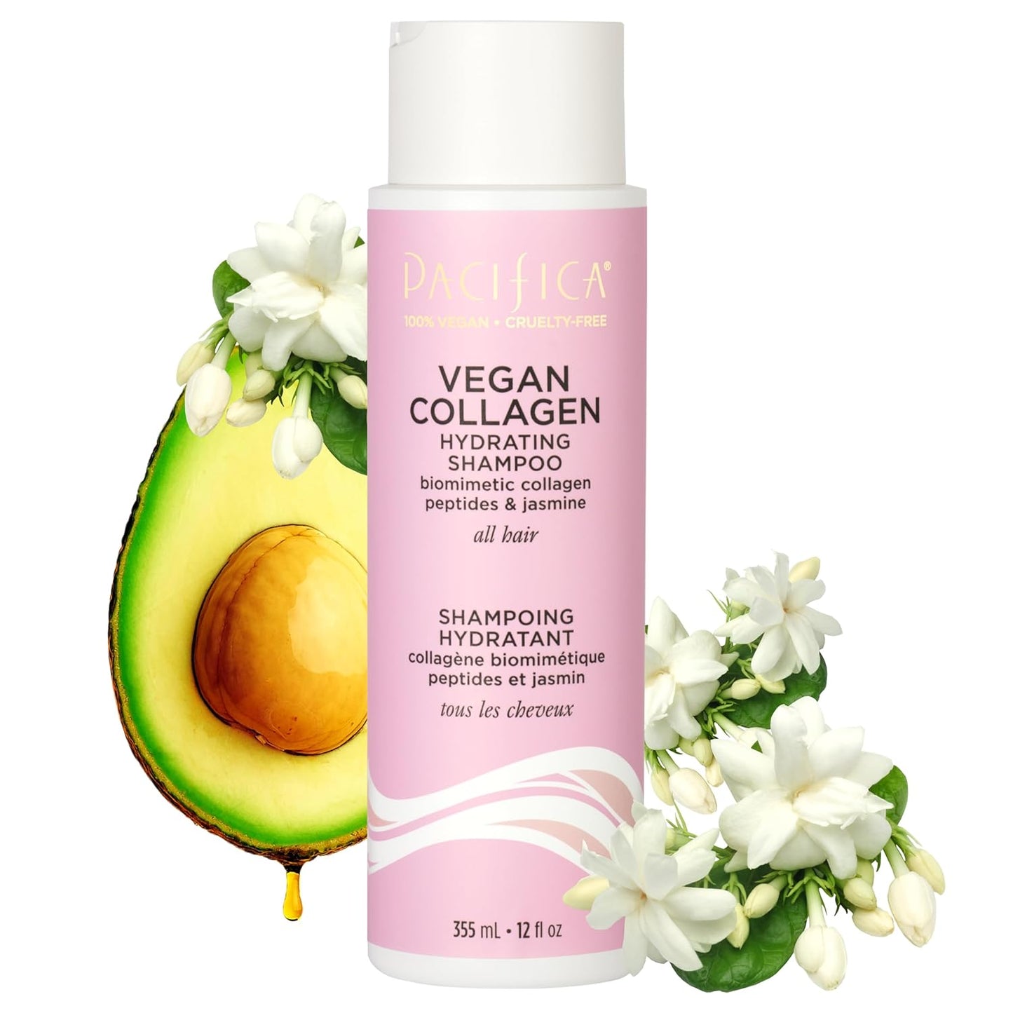 Pacifica Vegan Collagen Hydrating Hair Shampoo -w/Avocado Oil, Vitamin B5 - Adds Shine & Restores -for Dry & Damaged Hair - Sulfate Free Natural Clean Beauty Vegan & Cruelty-Free Dermatologist Tested