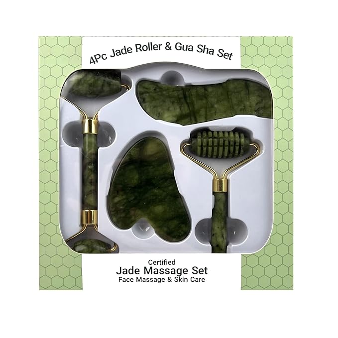 4-Piece Set Jade Roller and Gua Sha Set, Face Massager for Anti-Aging, Slimming, Firming / Facial Roller Massager with Gua Sha Shaping Tools / Removes Wrinkles and Eye Puffiness / Gift Set