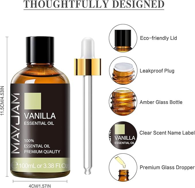 Vanilla Essential Oil 100ml, MAYJAM Premium Essential Oils for Aromatherapy, Diffuser, Soap Making, Candle Making, Large Bottle Vanilla Oil with Gift Box(3.38fl.oz)