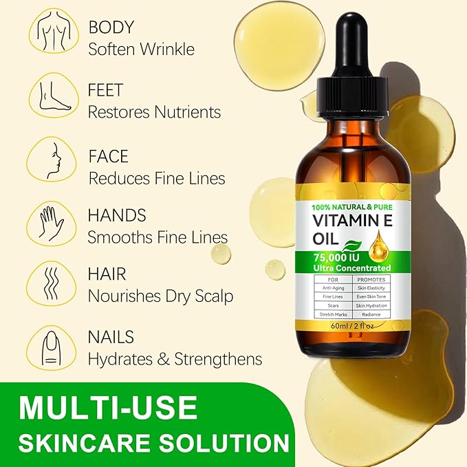 2 Fl Oz Vitamin E Oil Blend 75,000 IU, Vitamin E Oil for Skin, Scars, Face & Full Body, Moisturize Dry Skin and Radiant Skin, Body Bath Oils, Organic Pure Easy to Absorb