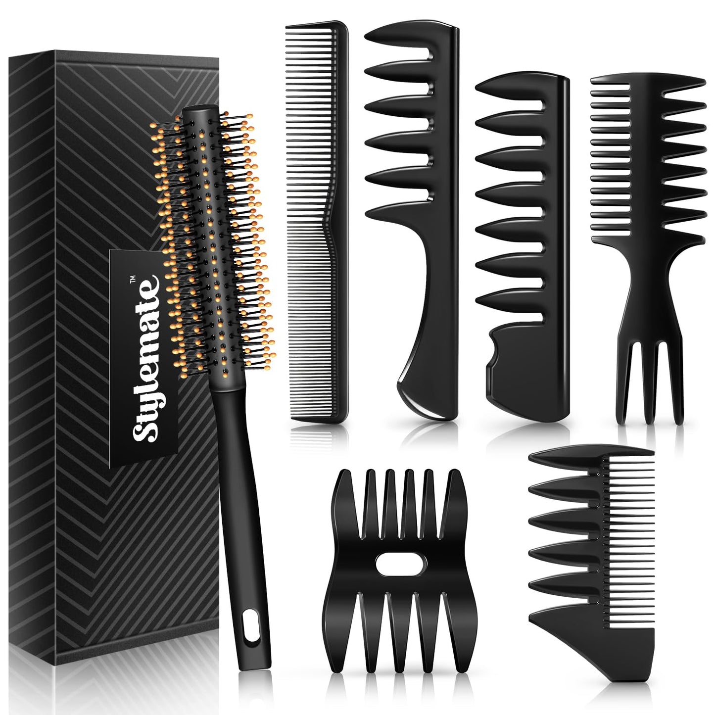 Men's Hair Styling Combs and Brush Set - Roller Brush for Adding Volume, Pompadour, Slicked-back, Fauxhawk, Undercut Styling Combs