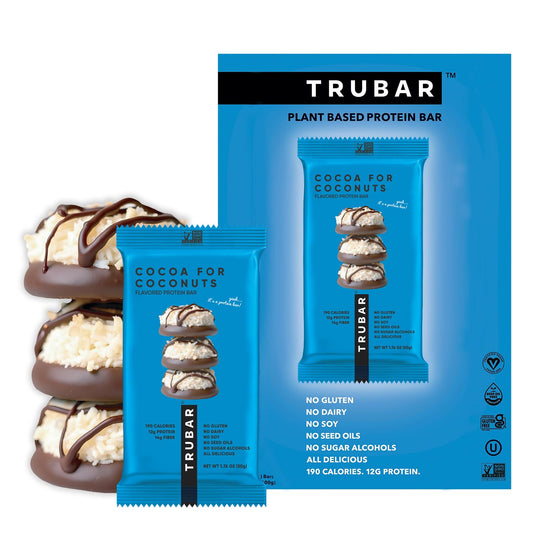 TRUBAR Vegan Protein Bar, Cocoa For Coconuts, Gluten Free, Plant Based Protein, Dairy Free, Non GMO, Soy Free, No Sugar Alcohols, 12G Protein, 12G Fiber, 23G Carb, On the Go Snack Bars, 12ct