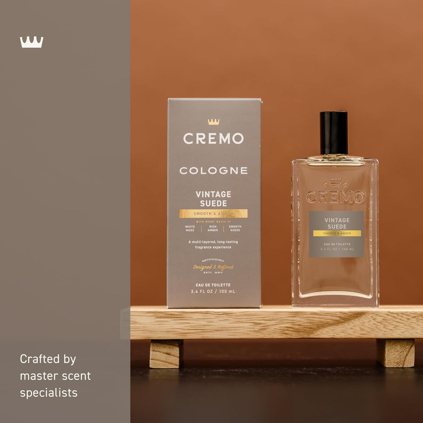 Cremo Cologne For Men - Vintage Suede Mens Cologne Spray, A Combination of White Moss, Rich Amber, and Smooth Suede, Multi-Layered Signature Men's Fragrances, 3.4 Fl Oz