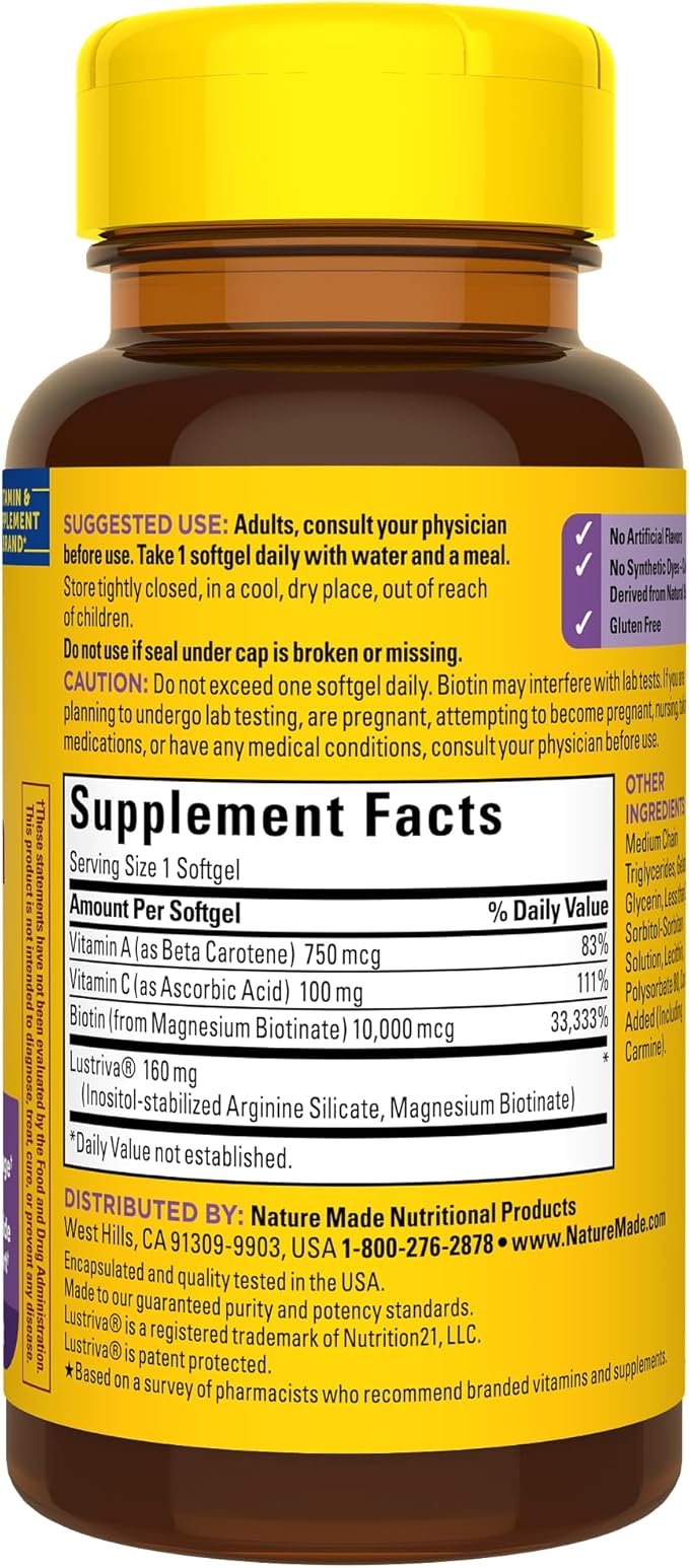 Nature Made Hair Growth Softgels with Lustriva, Biotin, Vitamin C & A, Support Healthy Hair as You Age, 30 Softgels, 30 Day Supply