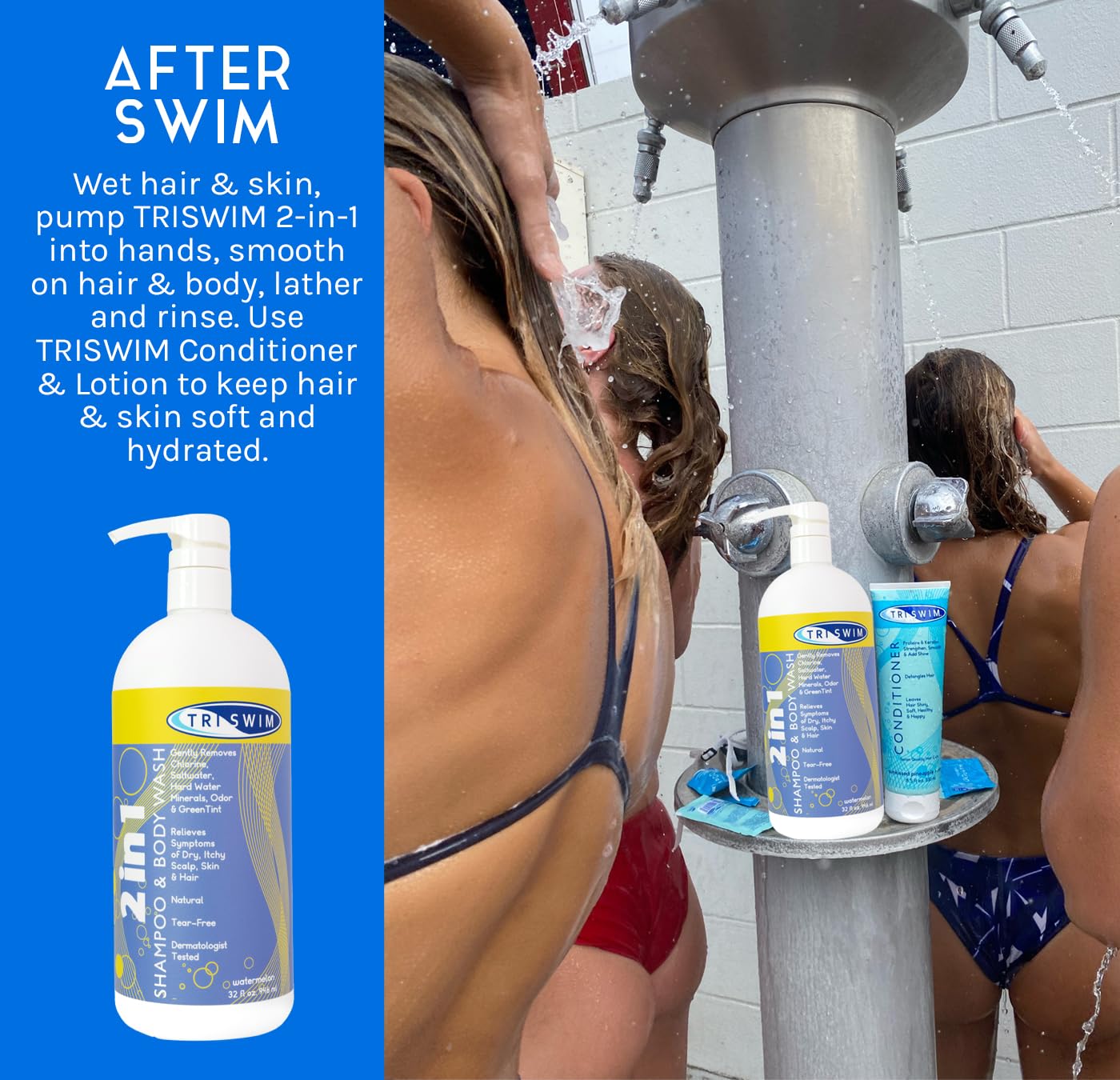 TRISWIM 2-in-1 Chlorine-Out Shampoo & Body Wash 32oz | Removes Chlorine, Saltwater, Hard Water Minerals, Copper, Green Tint | Vegan, Tear-Free, No Parabens | Watermelon Scent