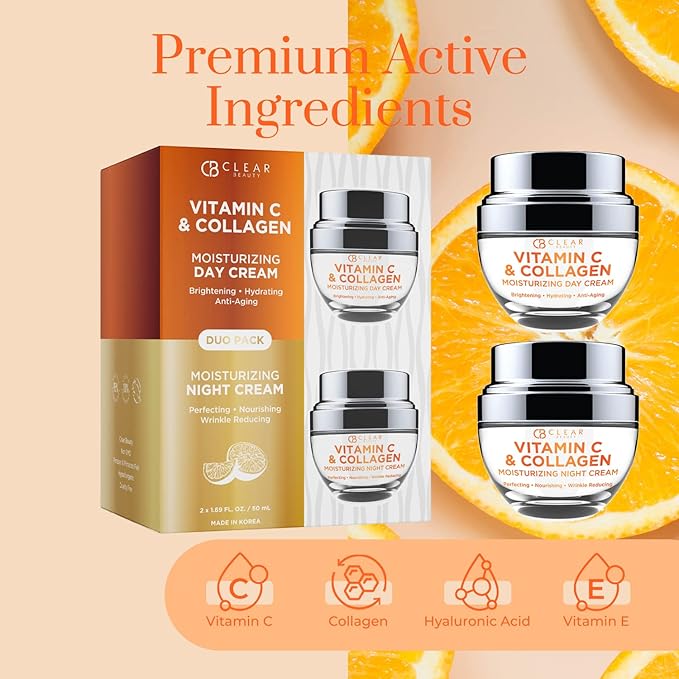 Vitamin C & Collagen Day/Night Moisturizer - Dermatologist Tested, Restores & Brightens Skin Tone, Hydrating & Firming, Anti-Aging Cream, Cruelty Free Korean Skin Care - 2 Pack