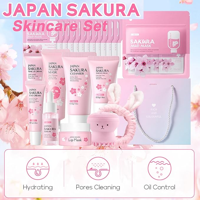 Skin Care Set Sakura Women Beauty Gift Sets Korean Skin Care Kit- Cleanser,Serum,Face Cream,Toner,Eye Cream,Mud Mask-Skin Care Routine Kit (One Size, Cherry Blossom-StyleB-Luxury Moisturizing)