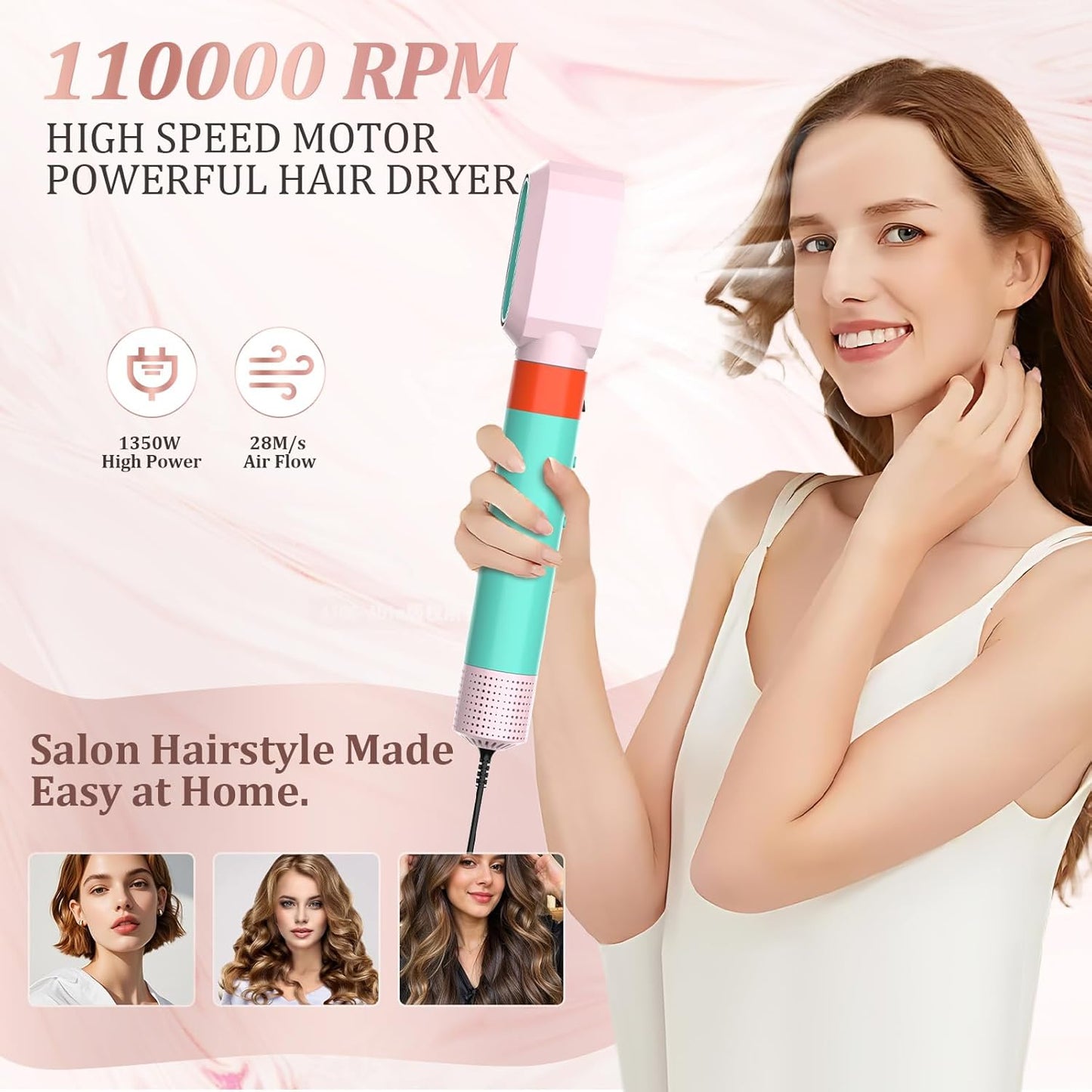 Blow Dryer Brush 6-in-1, Professional Hot Air Styler with Negative Ion, 110000RPM High-Speed Auto-Curlers Hair Styler-Fast Drying, Hot Air Brushes for Curling Volumizing Straightening No Heat Damage