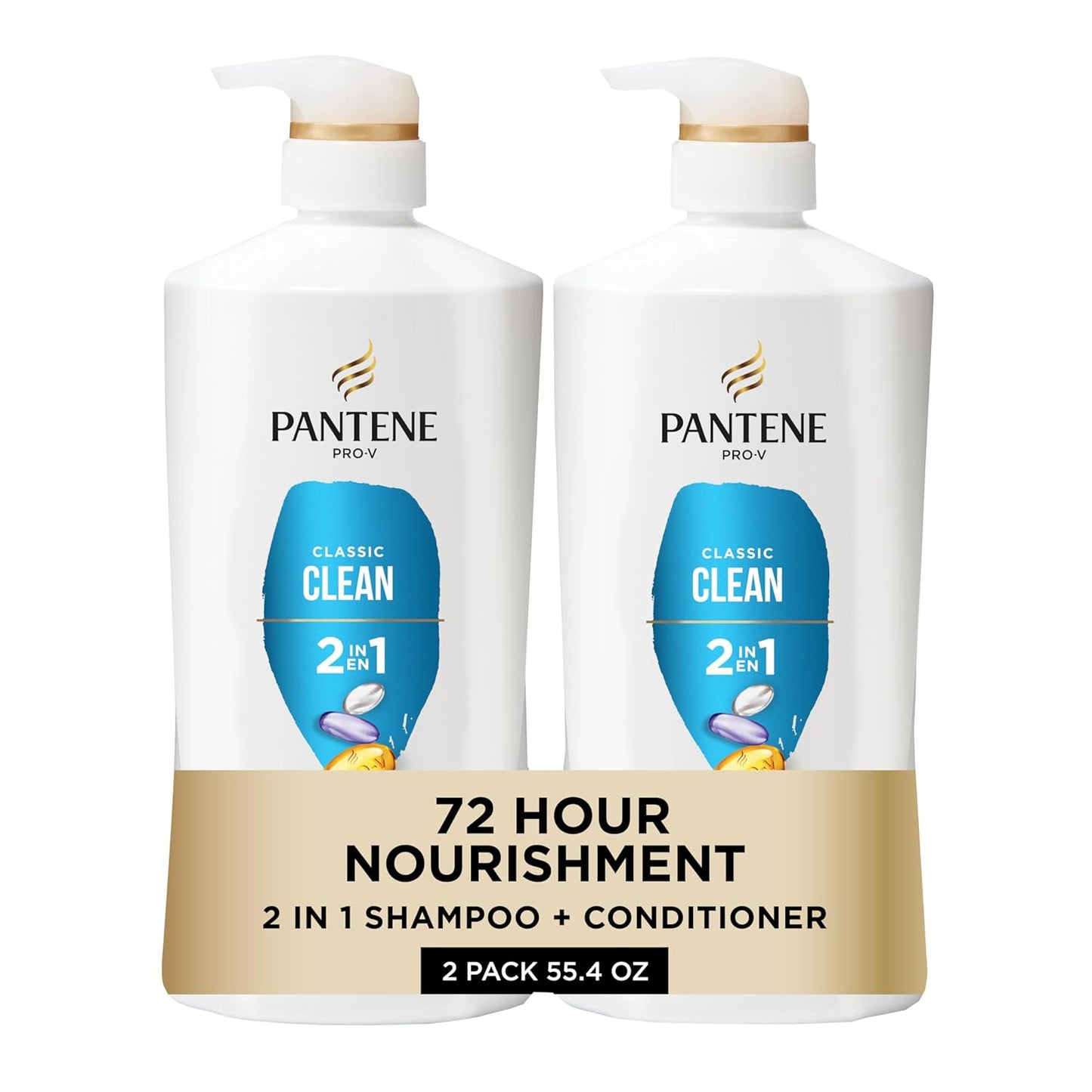 Pantene 2-in-1 Shampoo & Conditioner, Classic Clean - Pro-V Nutrients for Dry, Color-Treated Hair, Healthy Looking Hair Every Wash, Antioxidant-Rich, 27.7 Oz Each, 2-Pack + Rescue Shot (0.5 Oz)