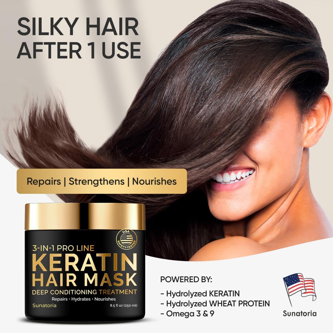 SUNATORIA Keratin Hair Mask - Deep Conditioner for Dry Damaged Hair - Hydrates, Repairs, Nourishes - Keratin Hair Treatment - Deep Conditioning Hair Mask - Keratina Mascarilla Para el Cabello